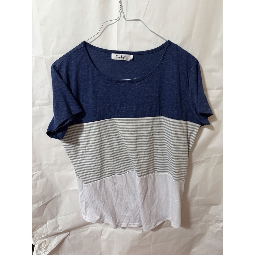 YunJey shirt womens XL blue white gray color block striped short sleeve